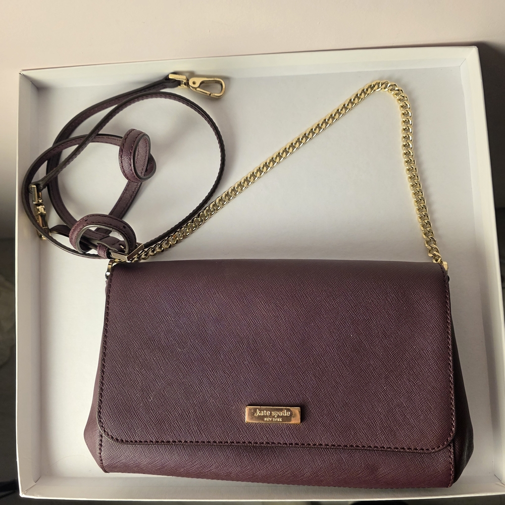 Kate Spade Laurel Way Crossbody Bag Deep Plum Leather Gold Chain Shoulder Purse